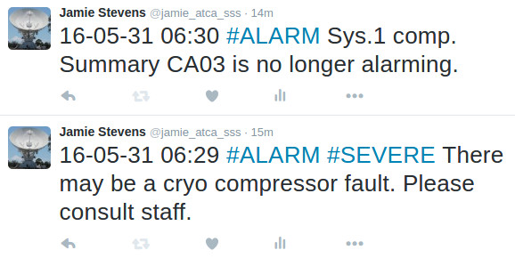 Some example tweets from the ATCA alarm Twitter feed.
