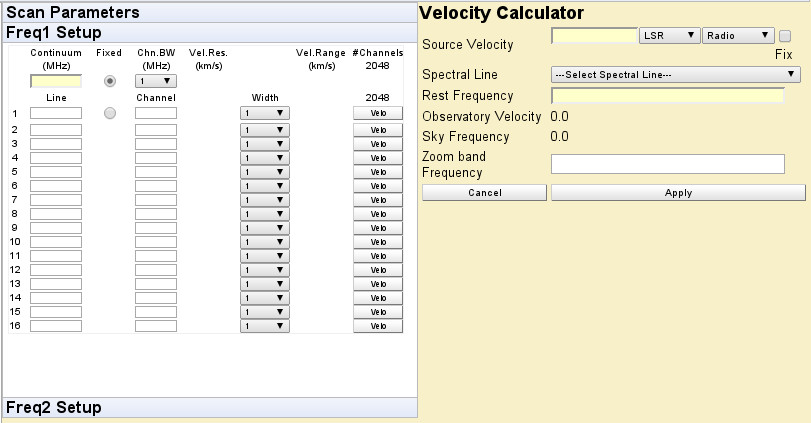 The frequency and velocity calculator view of the CABB Web Scheduler.