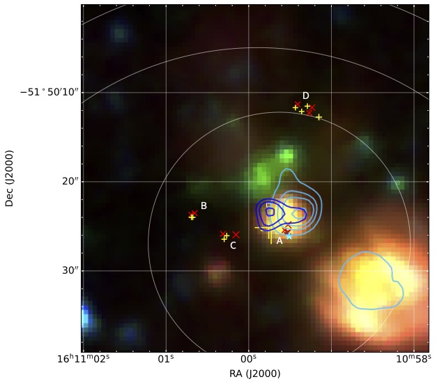 GLIMPSE 3-colour image of one of the observed sources, G331.13-0.24, with maser positions and continuum countours, 60kb